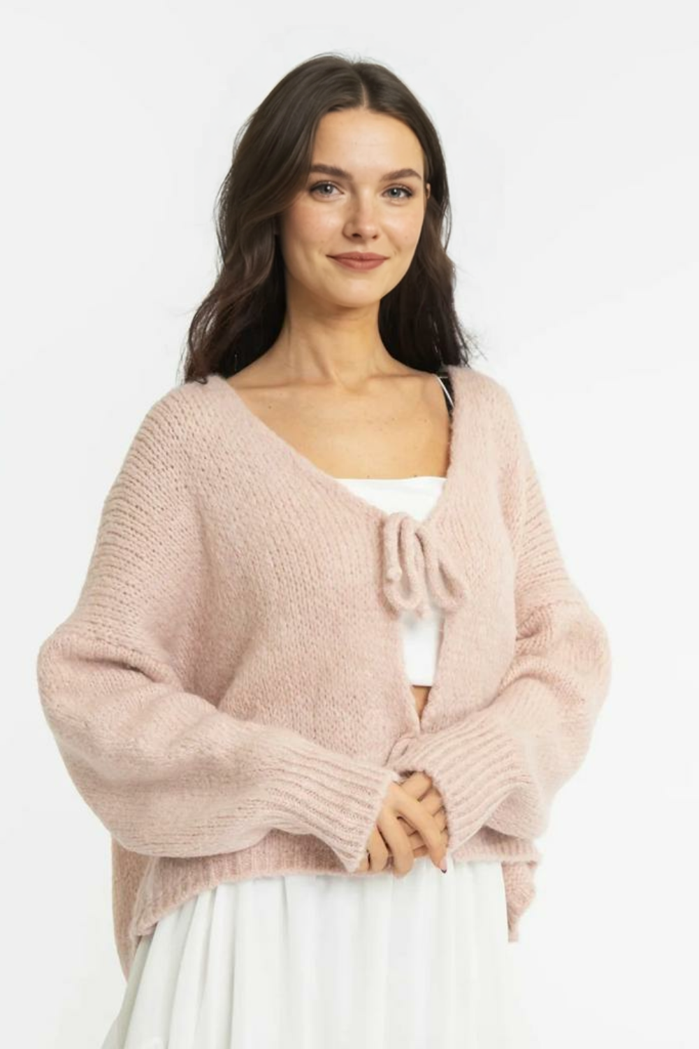 V veida kakla izgriezuma kardigans ar bantīti