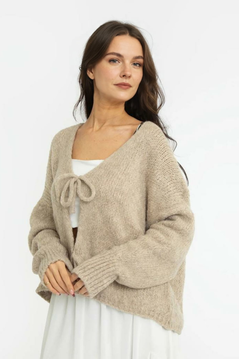 V veida kakla izgriezuma kardigans ar bantīti