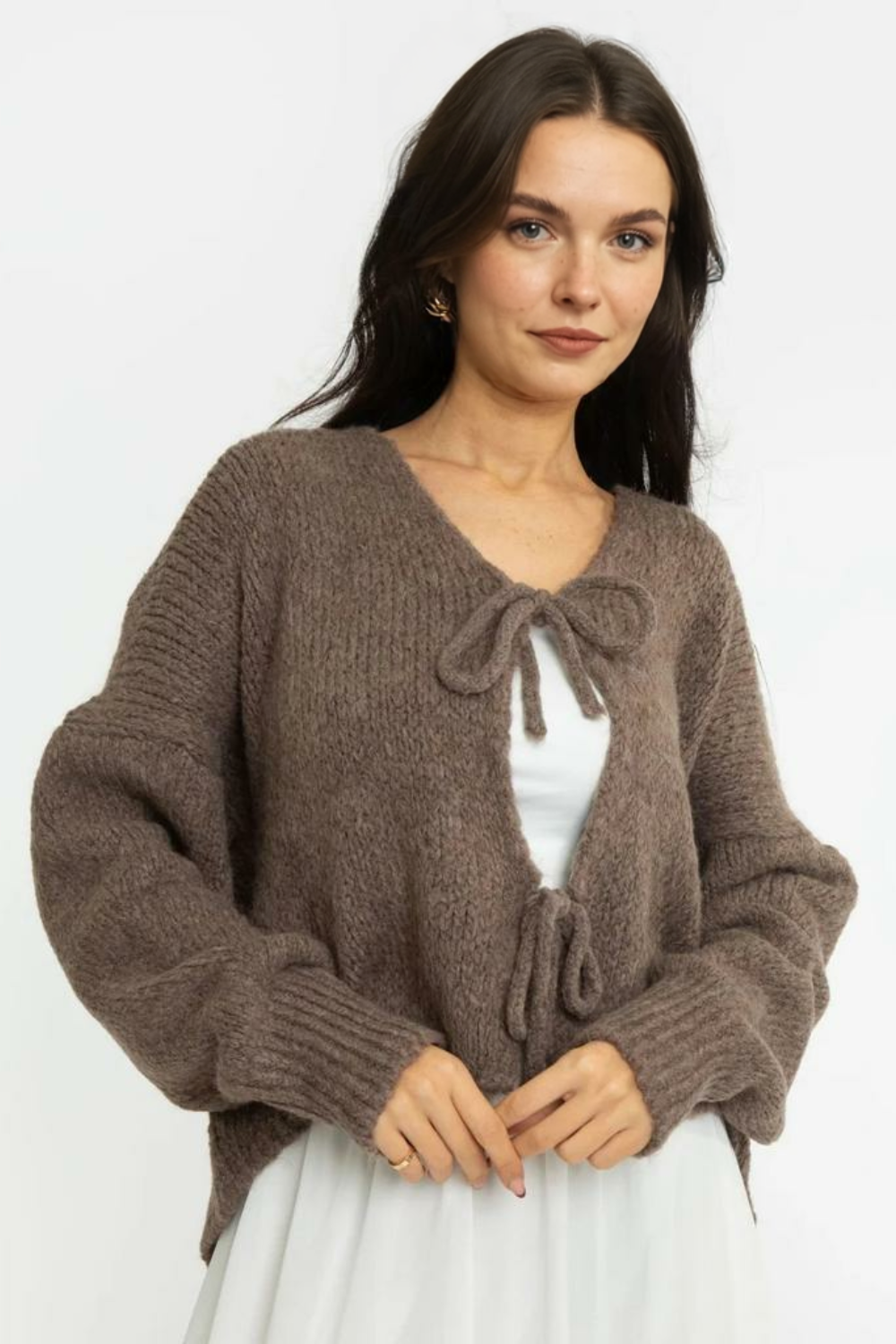 V veida kakla izgriezuma kardigans ar bantīti