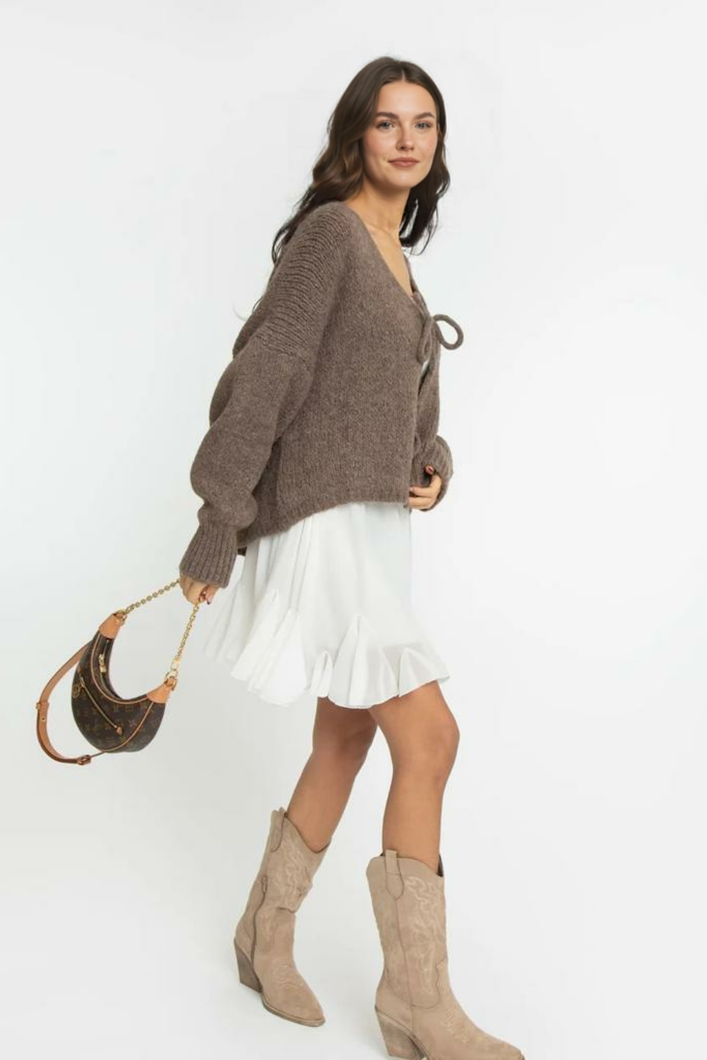 V veida kakla izgriezuma kardigans ar bantīti