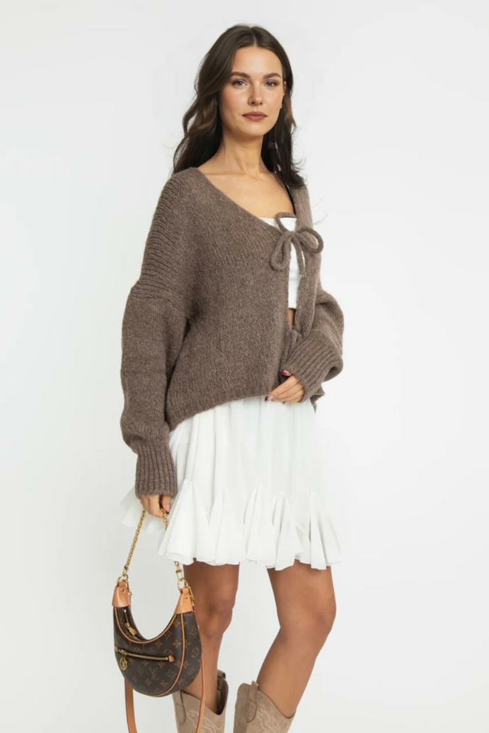 V veida kakla izgriezuma kardigans ar bantīti