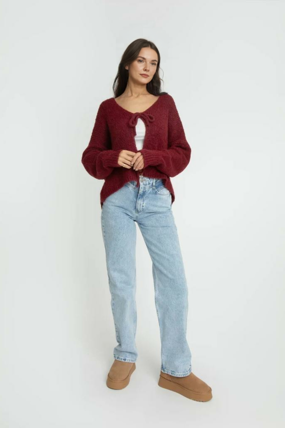 V veida kakla izgriezuma kardigans ar bantīti