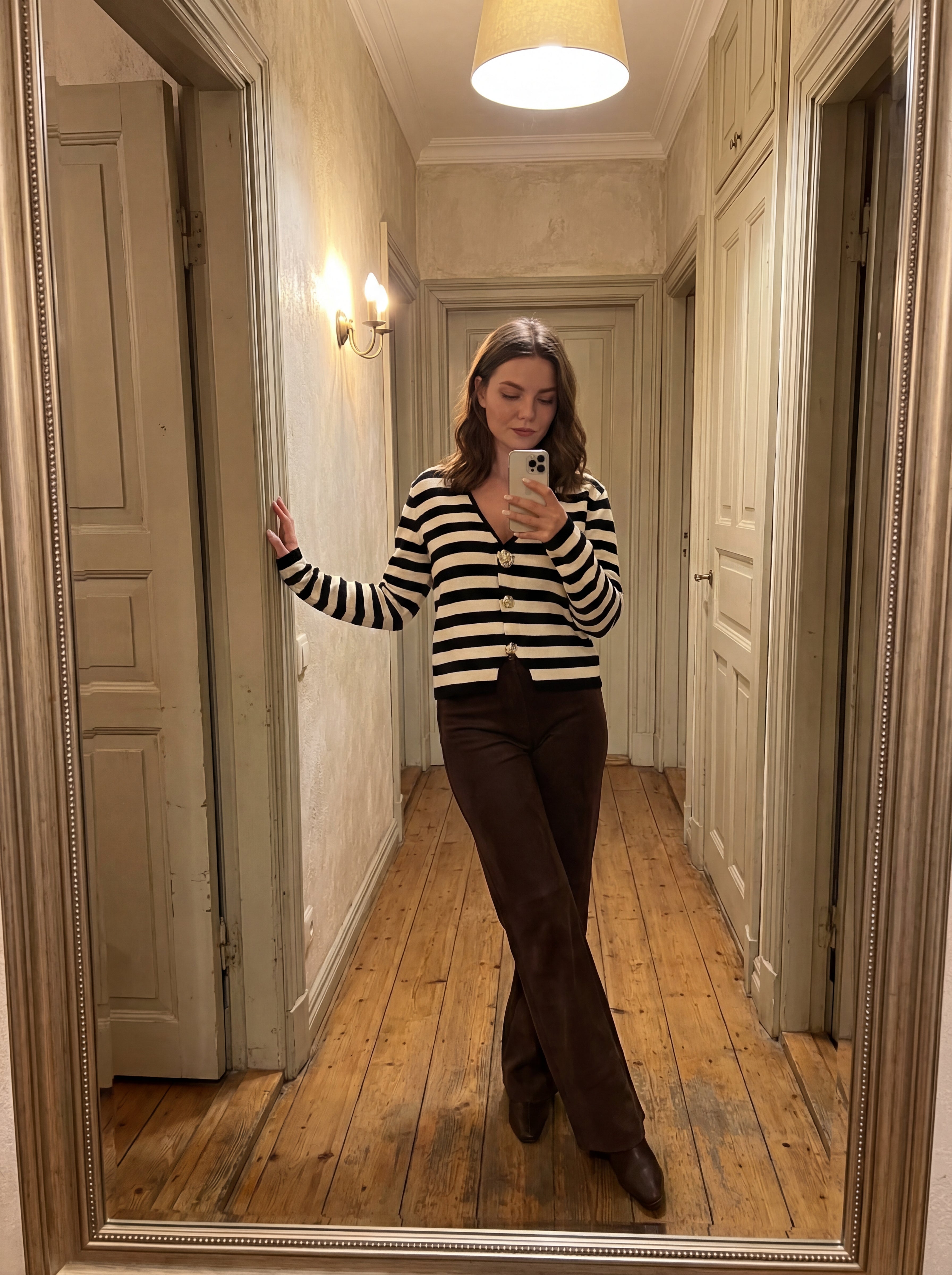 Svītrains tops ar dekoratīvu pogu