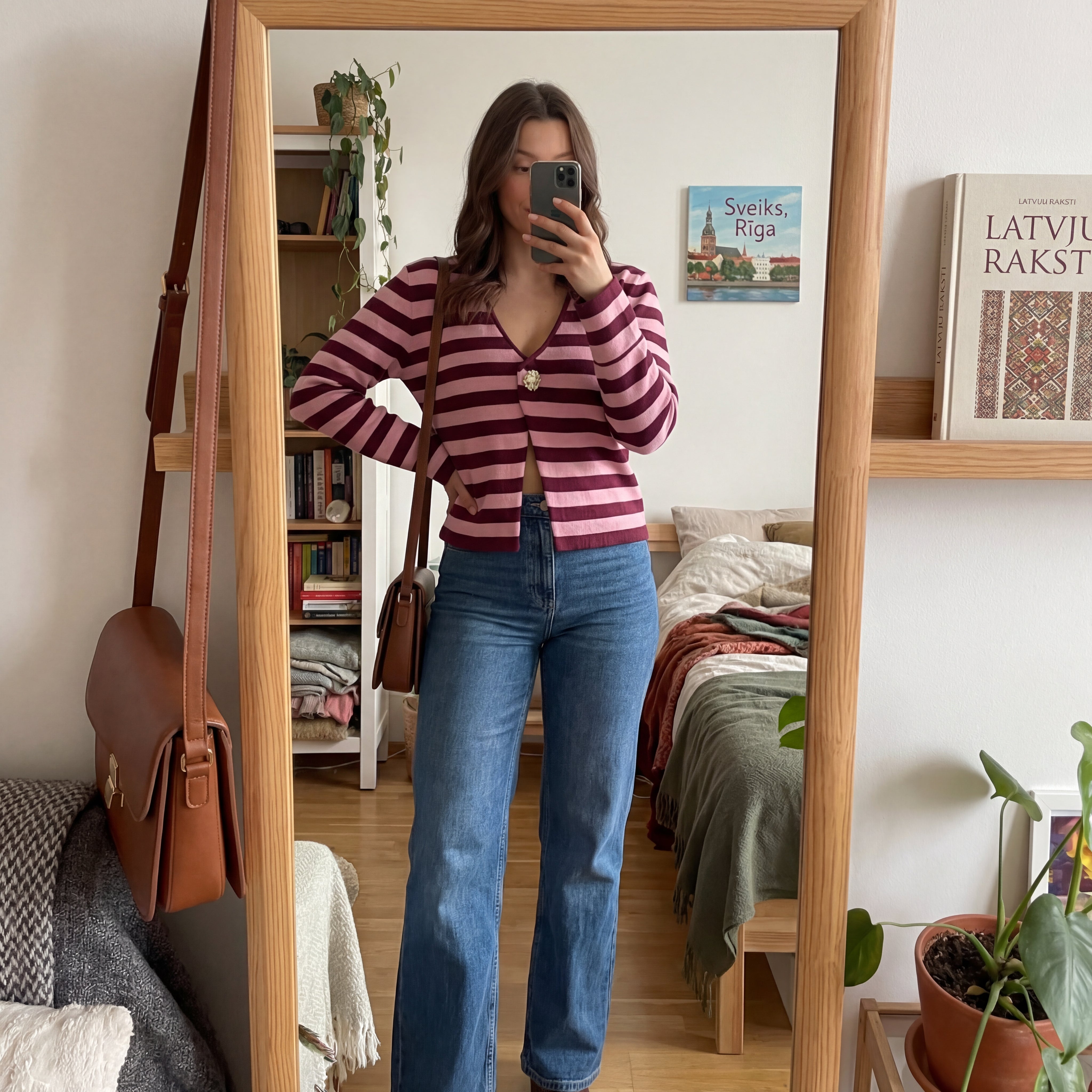 Svītrains tops ar dekoratīvu pogu