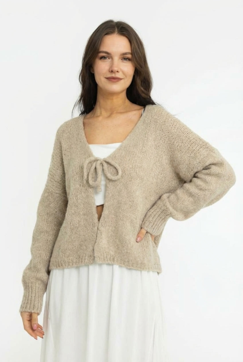 V veida kakla izgriezuma kardigans ar bantīti