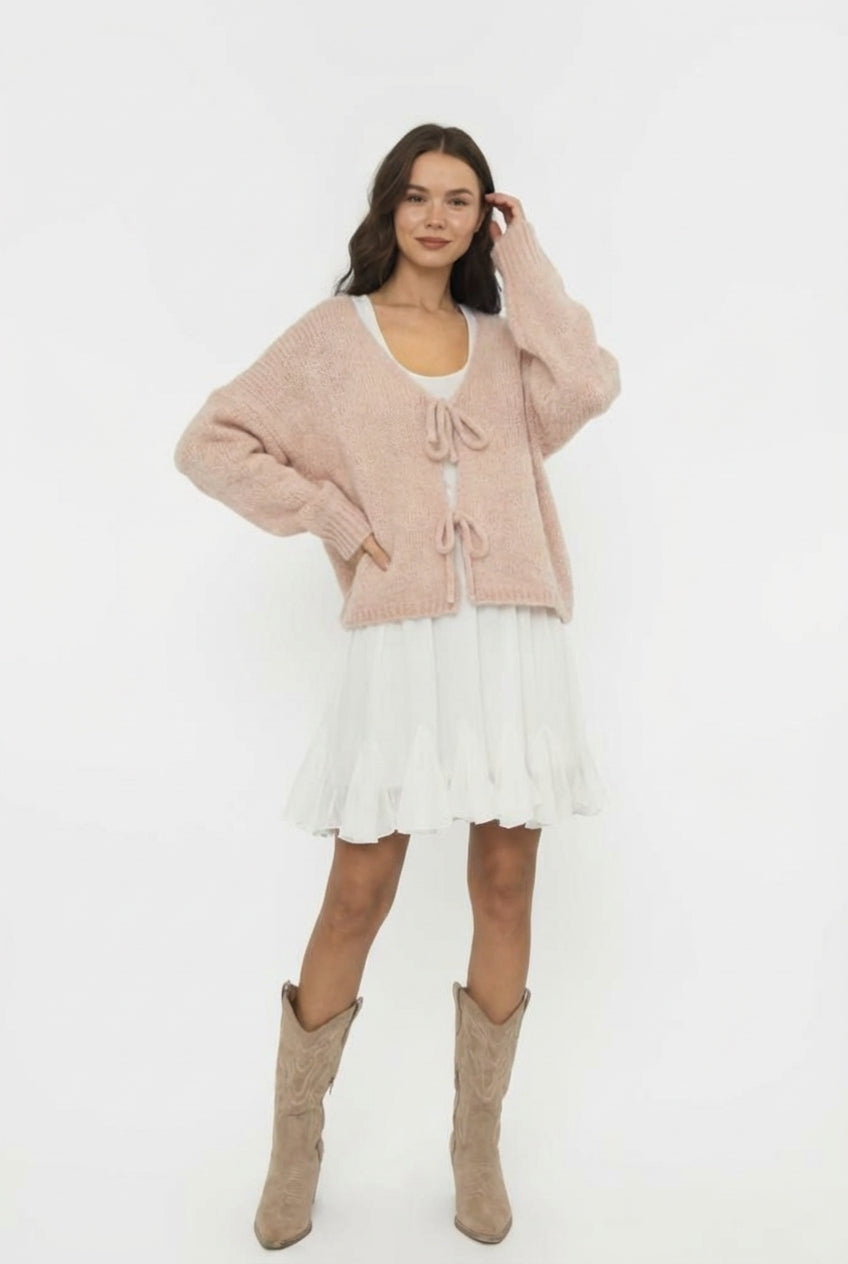 V veida kakla izgriezuma kardigans ar bantīti