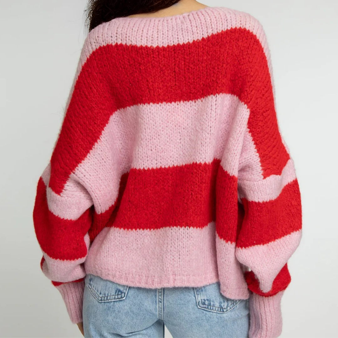 Svītrains kardigans ar V veida kakla izgriezumu un bantīti