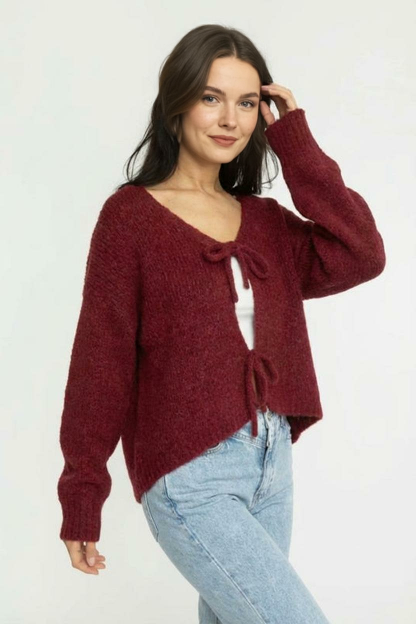 V veida kakla izgriezuma kardigans ar bantīti