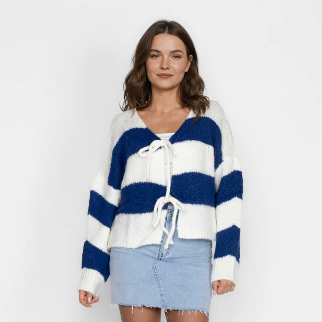 Svītrains kardigans ar V veida kakla izgriezumu un bantīti