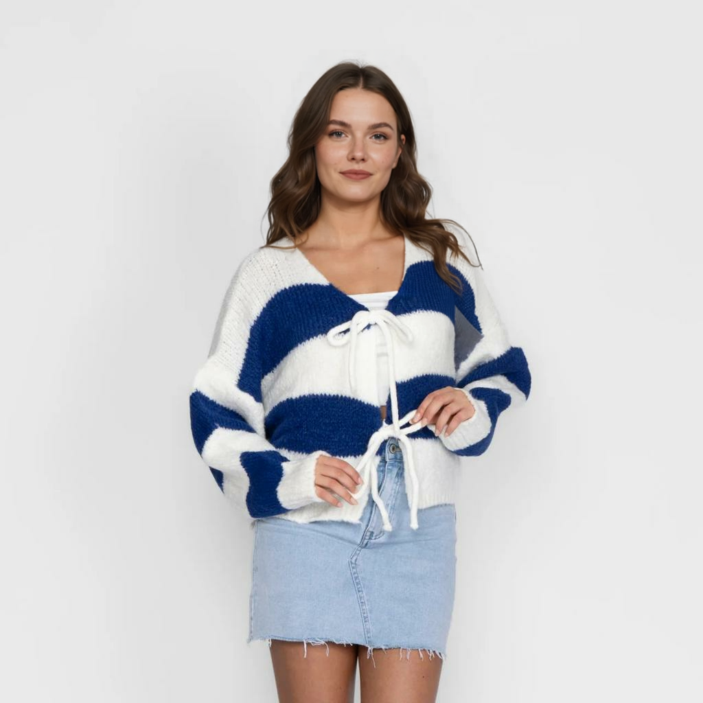 Svītrains kardigans ar V veida kakla izgriezumu un bantīti