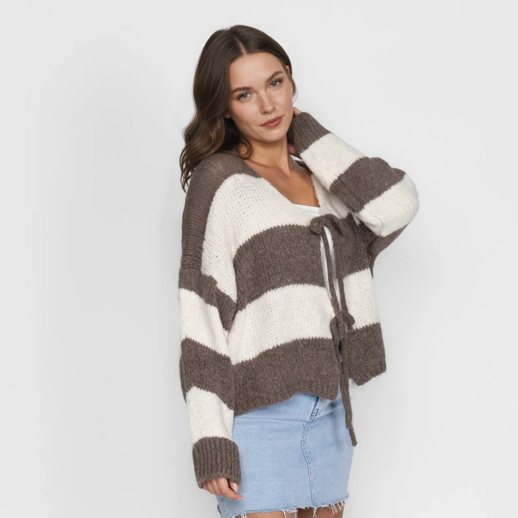 Svītrains kardigans ar V veida kakla izgriezumu un bantīti