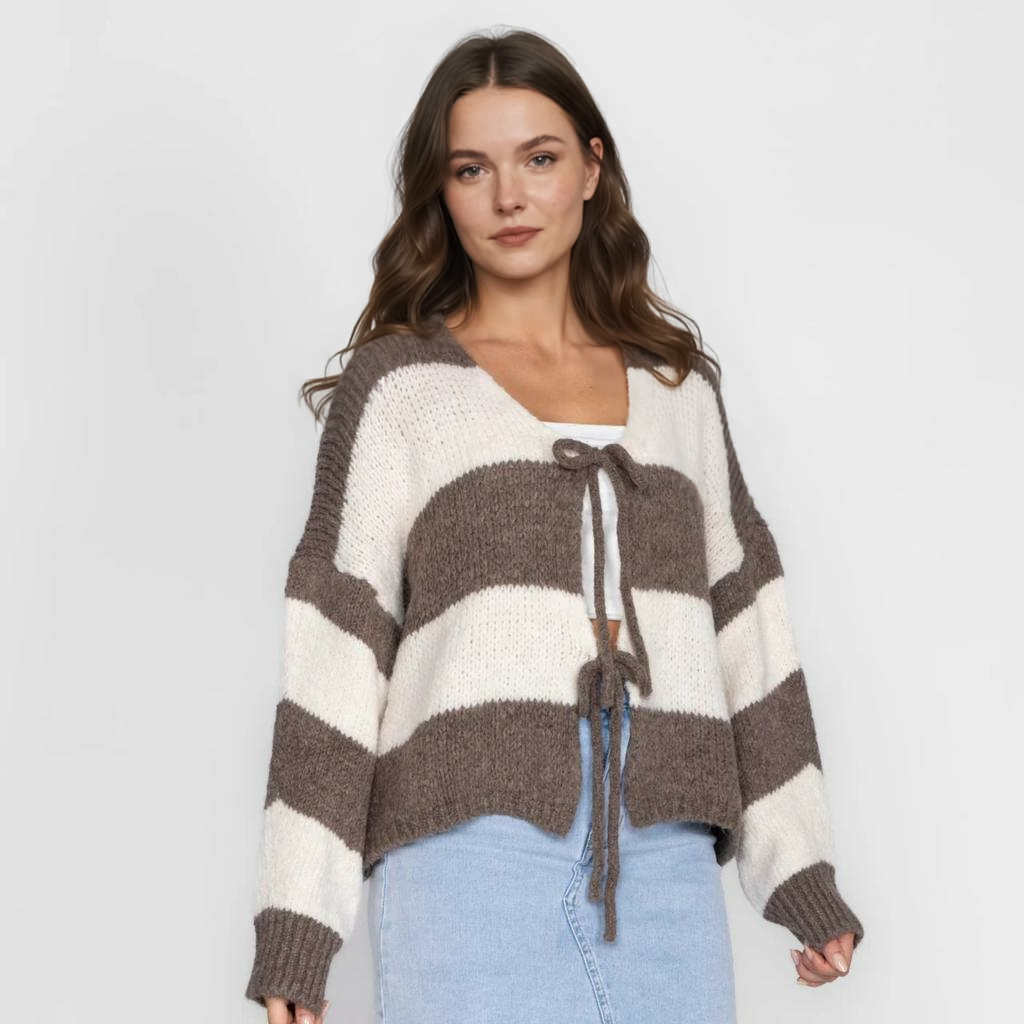 Svītrains kardigans ar V veida kakla izgriezumu un bantīti