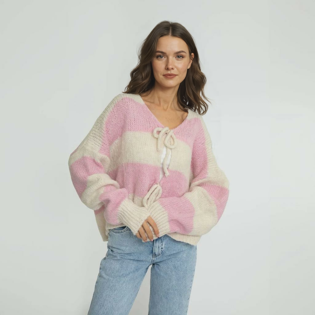 Svītrains kardigans ar V veida kakla izgriezumu un bantīti