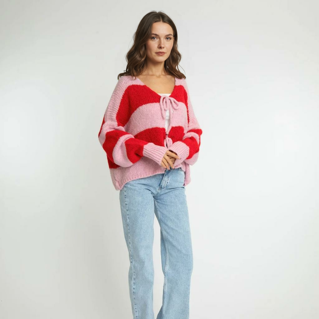 Svītrains kardigans ar V veida kakla izgriezumu un bantīti