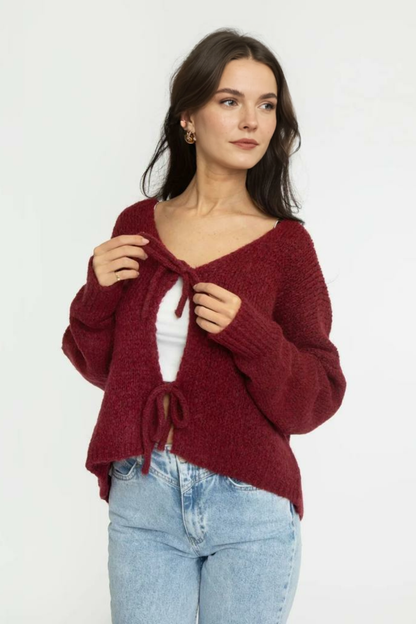 V veida kakla izgriezuma kardigans ar bantīti