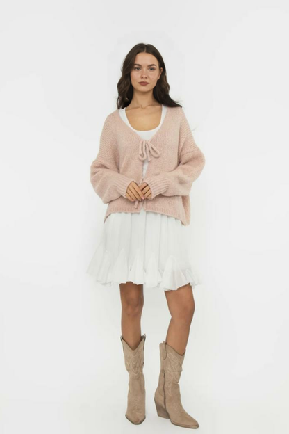 V veida kakla izgriezuma kardigans ar bantīti