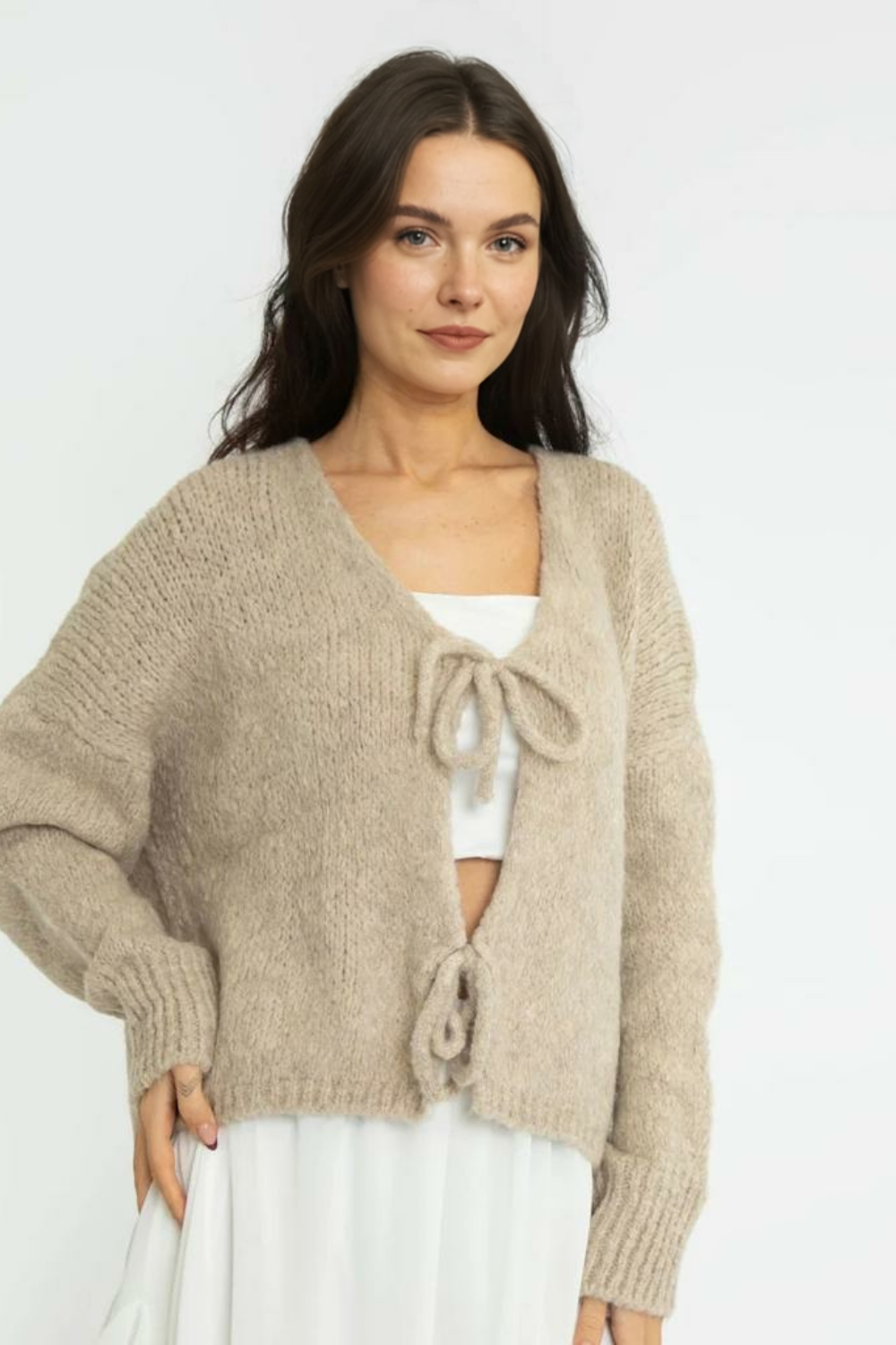 V veida kakla izgriezuma kardigans ar bantīti