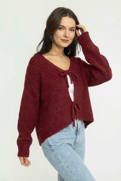 V veida kakla izgriezuma kardigans ar bantīti