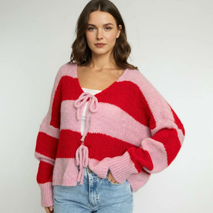 Svītrains kardigans ar V veida kakla izgriezumu un bantīti