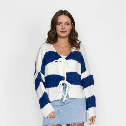 Svītrains kardigans ar V veida kakla izgriezumu un bantīti