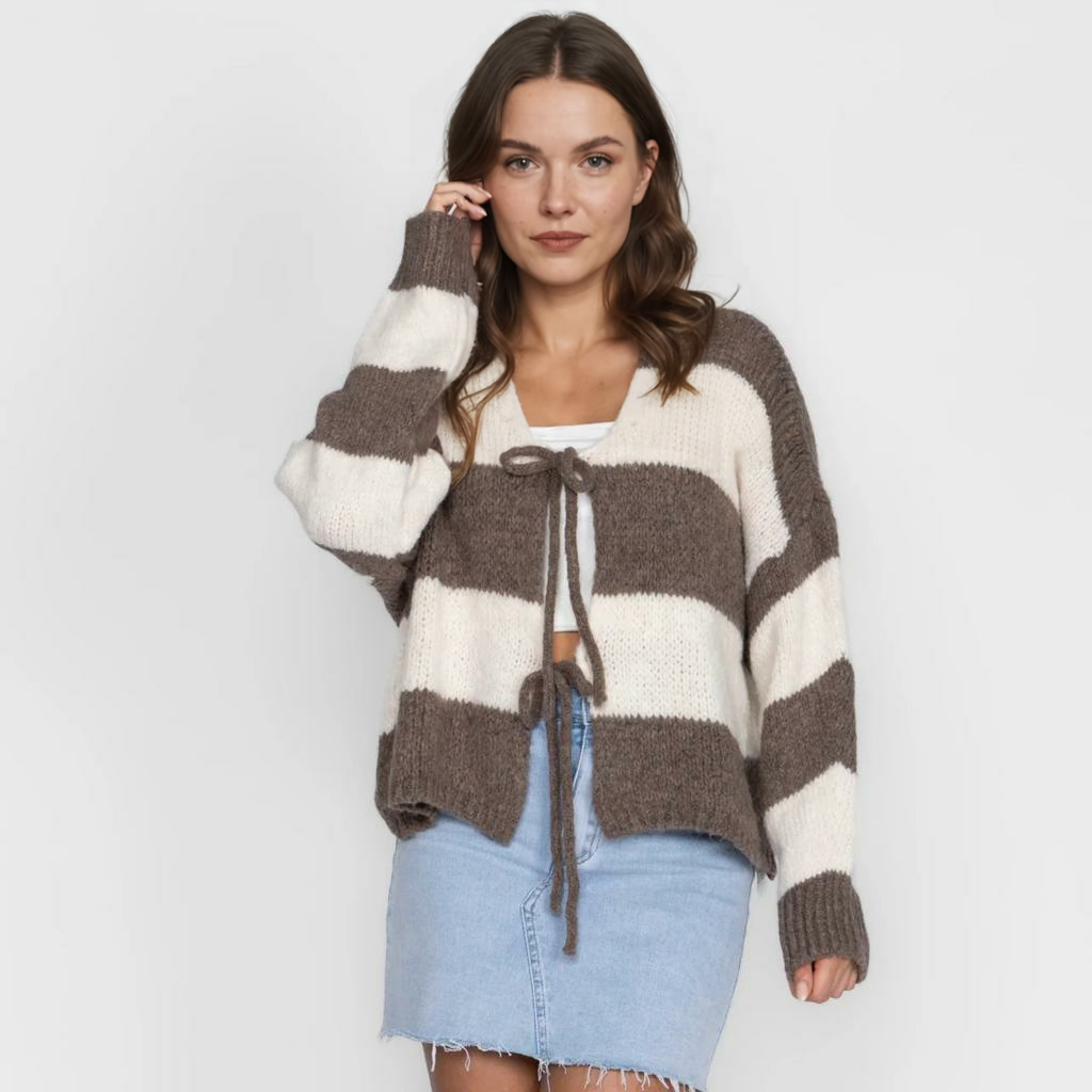 Svītrains kardigans ar V veida kakla izgriezumu un bantīti