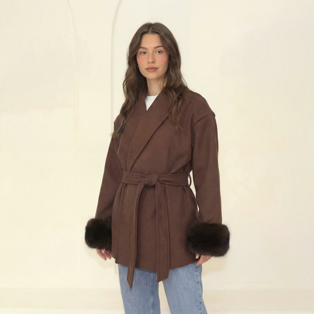 Īss mētelis ar kažokādas aprocēm