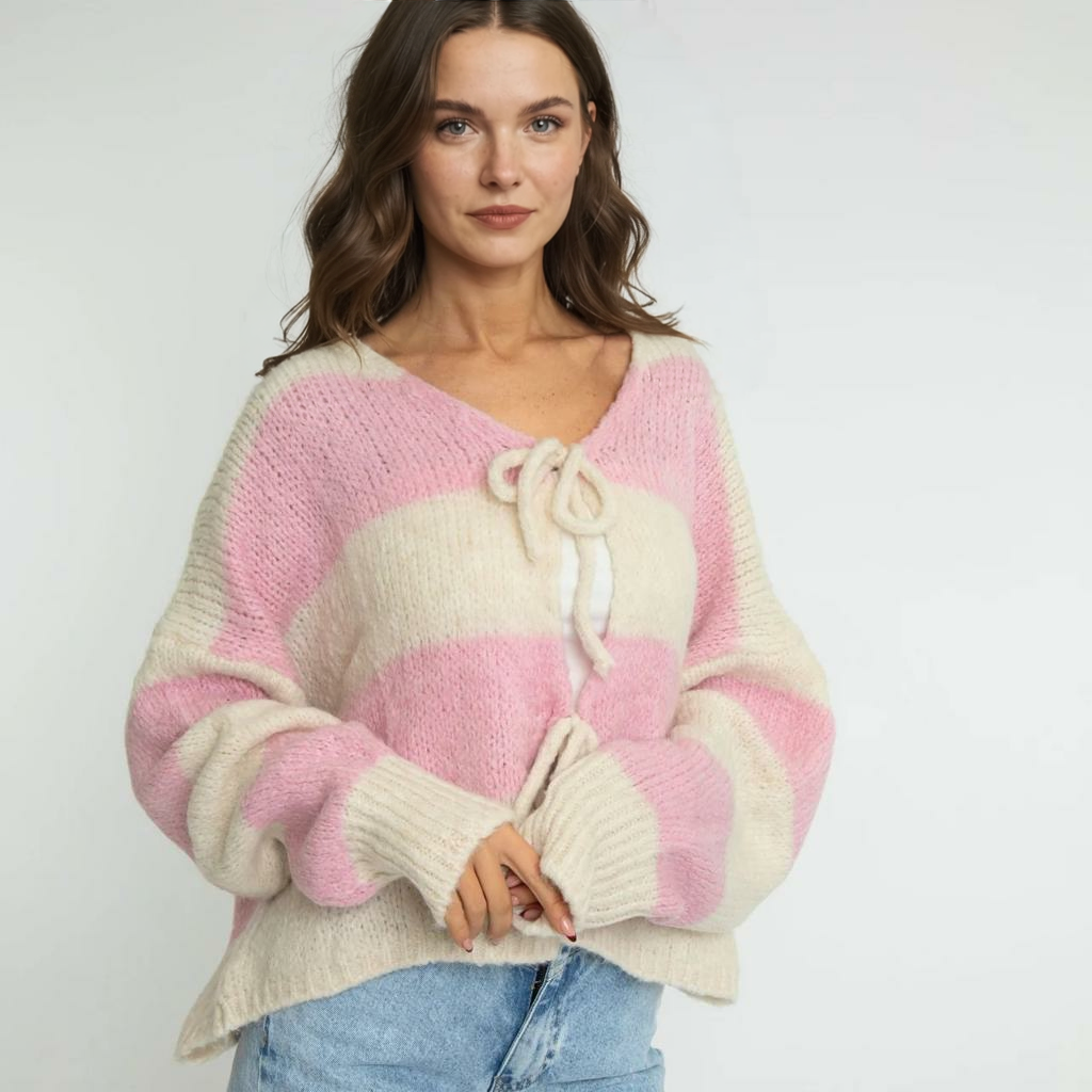 Svītrains kardigans ar V veida kakla izgriezumu un bantīti