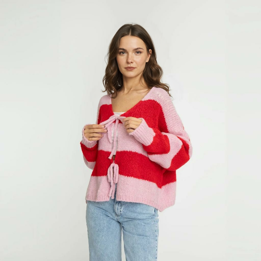 Svītrains kardigans ar V veida kakla izgriezumu un bantīti