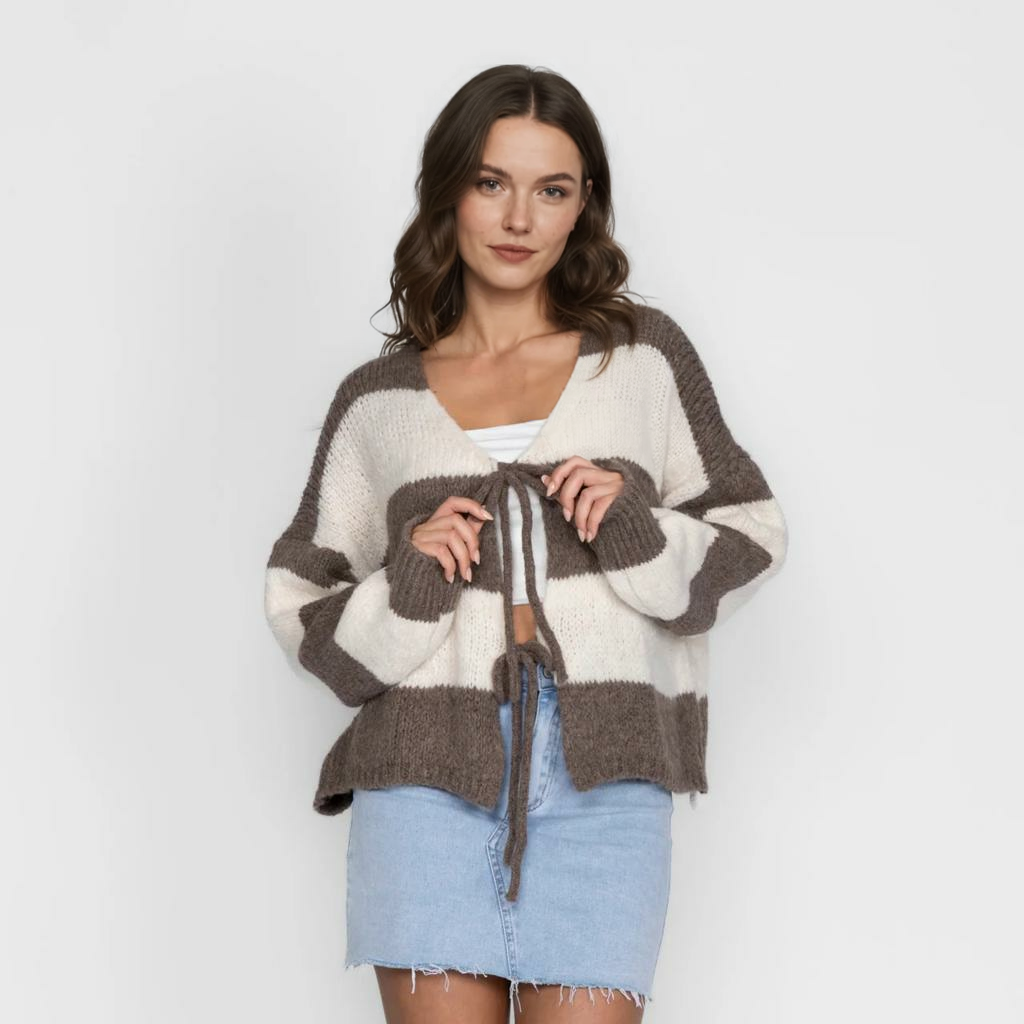 Svītrains kardigans ar V veida kakla izgriezumu un bantīti